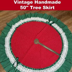Vintage Handmade Christmas Tree Skirt Lace Ruffle Satin Bows Holiday 50"